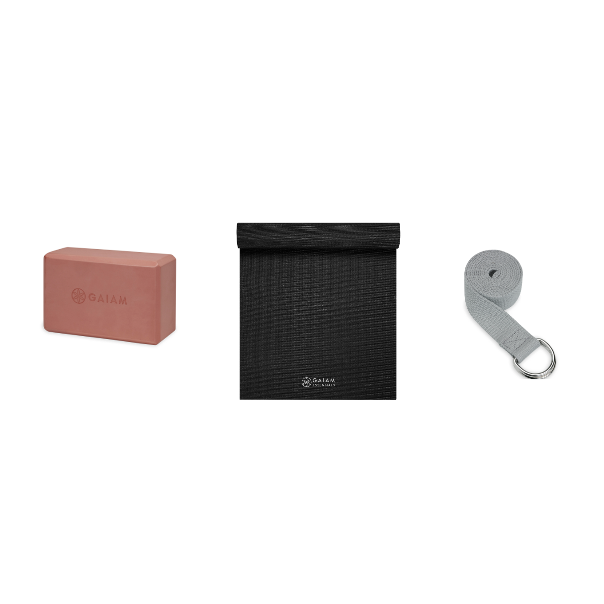 Yoga Bundle - Block (Very Coral), Mat (Black), Strap (Grey)